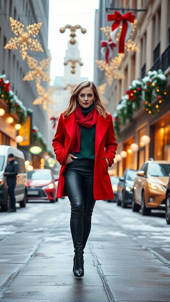 Festive Christmas Outfit Ideas for New York A fashionable woman in a red coat and green sweater walking in snowy New York City, surrounded by holiday decorations.